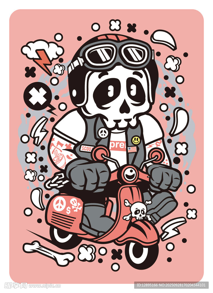 骷髏騎摩托卡通插畫
