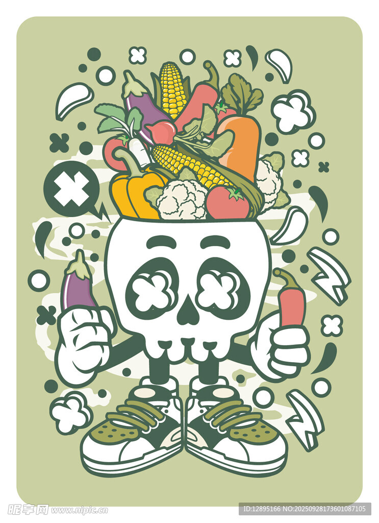 卡通骷髏捧蔬果插畫