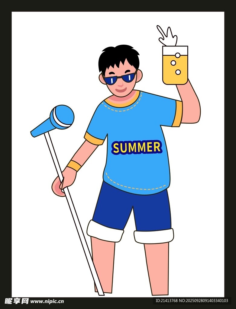 夏日工人手持飲料與工具