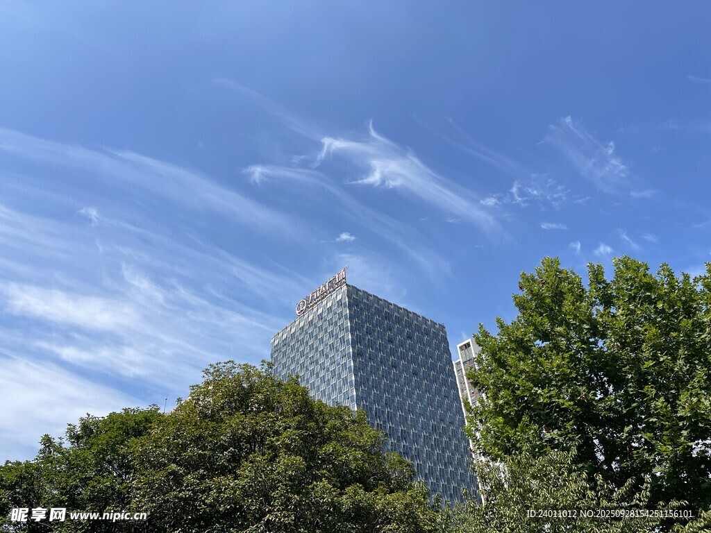 城市高樓與綠樹藍天