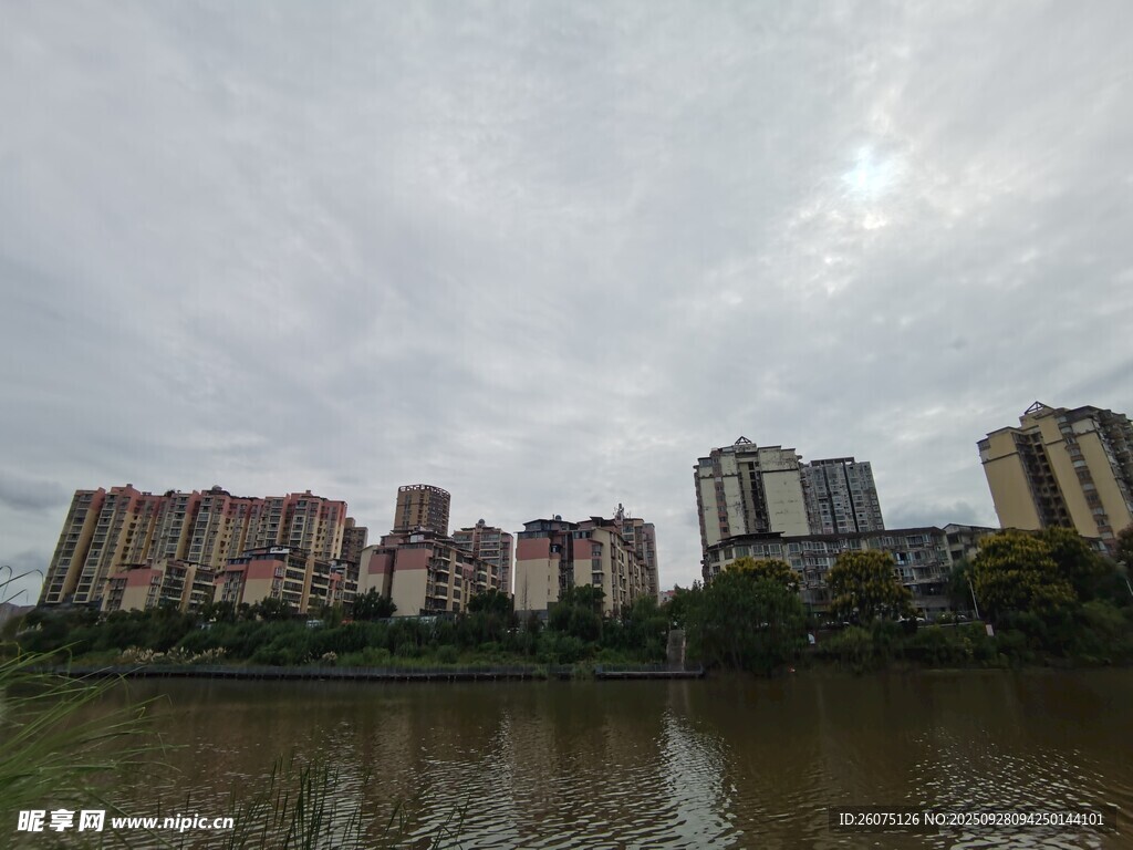 河畔高樓林立的城市景觀