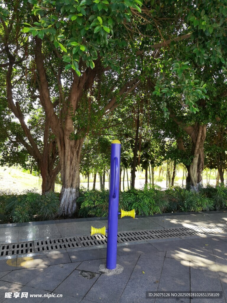 公園林蔭下的藍色標(biāo)識柱