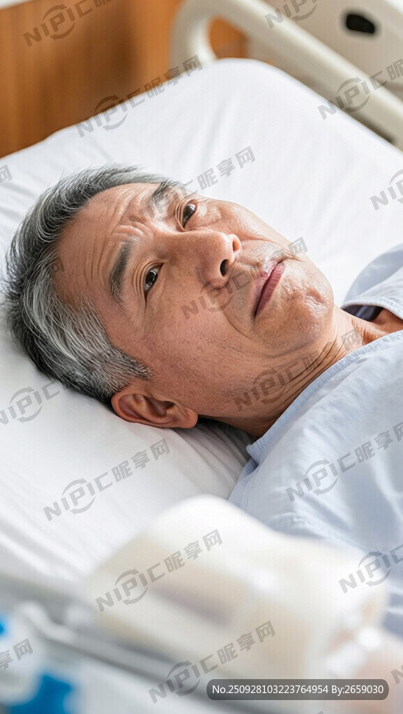 病人仰臥在病床上輸血漿的照片