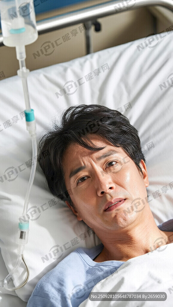 病人仰臥在病床上輸血漿的照片