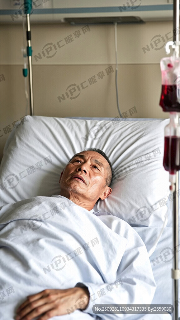 病人仰臥在病床上輸血漿的照片