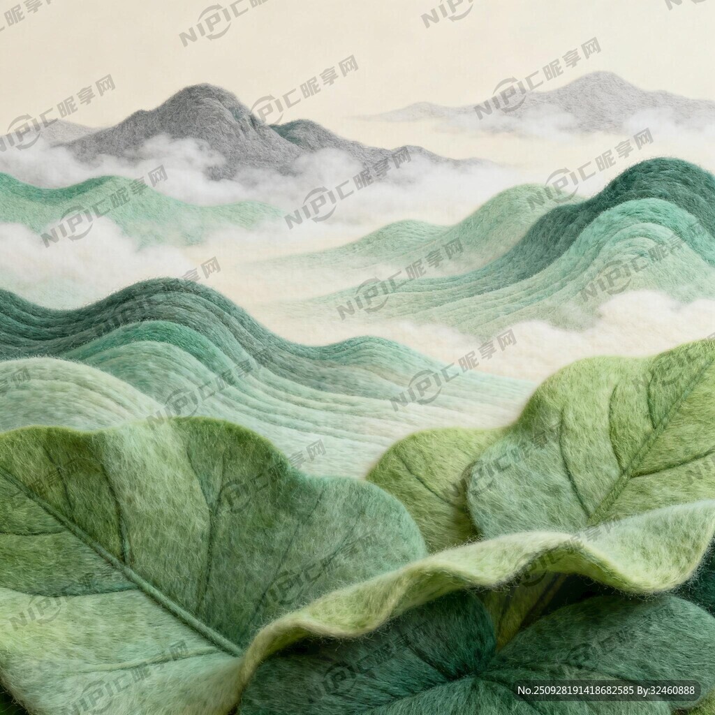 新中式禪意羊毛氈插畫(huà) 巨型綠葉