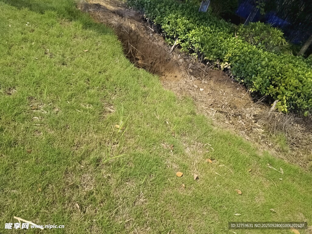 草地邊的泥土溝渠