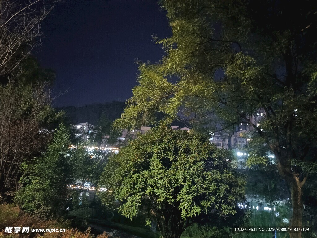 夜幕下的山林村落景觀