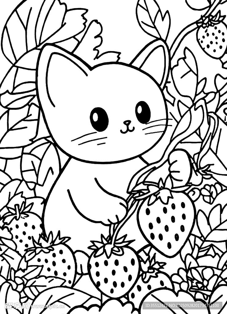小貓摘草莓黑白插畫(huà)
