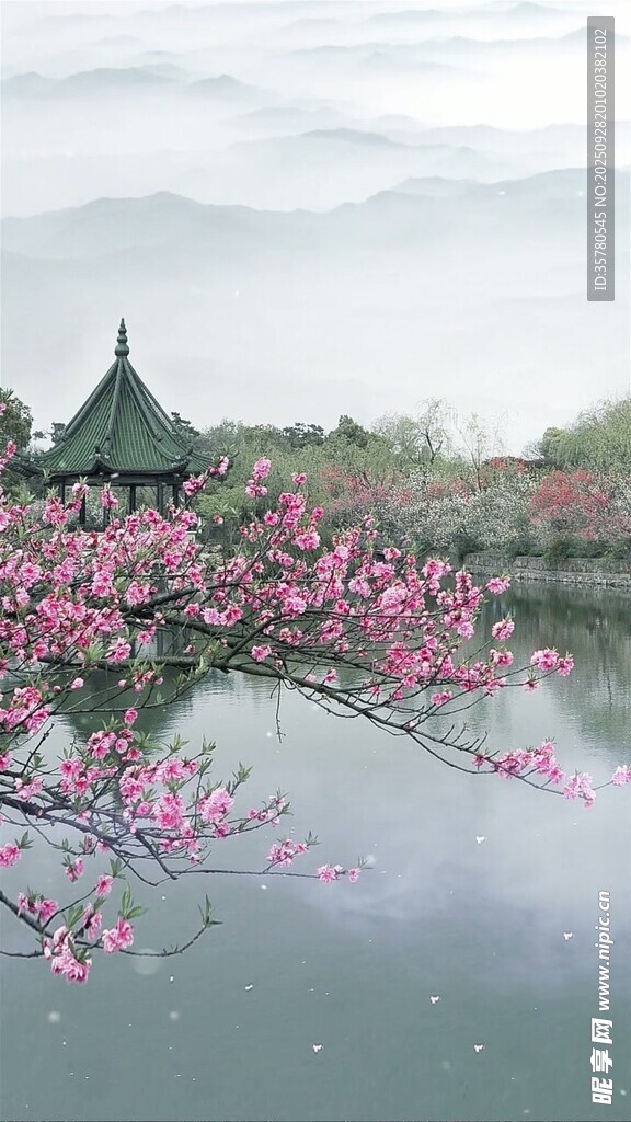 湖畔桃林古亭山水美景