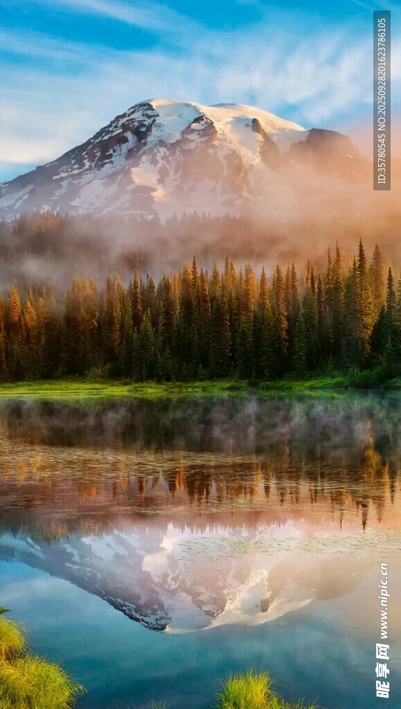 雪山森林倒影美麗湖景