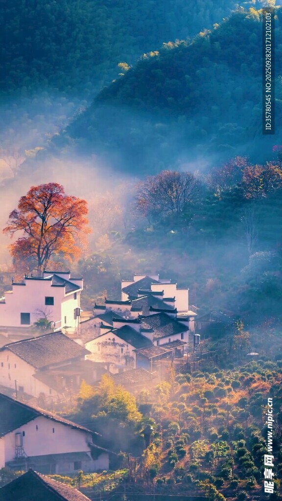 山間晨霧中的靜謐村落