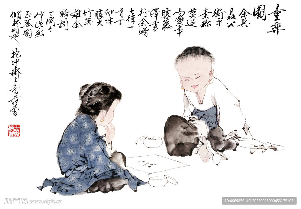 童趣水墨畫中的孩童嬉戲
