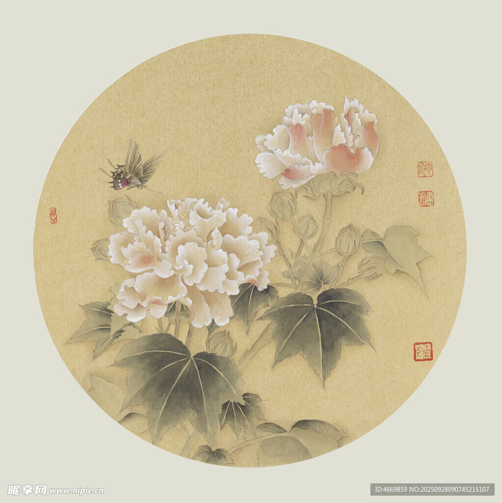 圓形花鳥畫中的牡丹與蝶