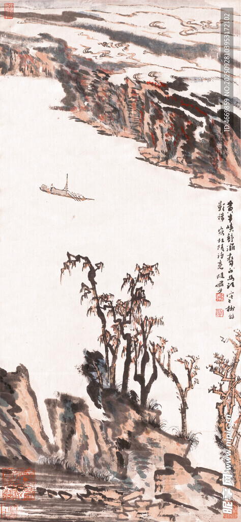 水墨山水間的孤舟景致