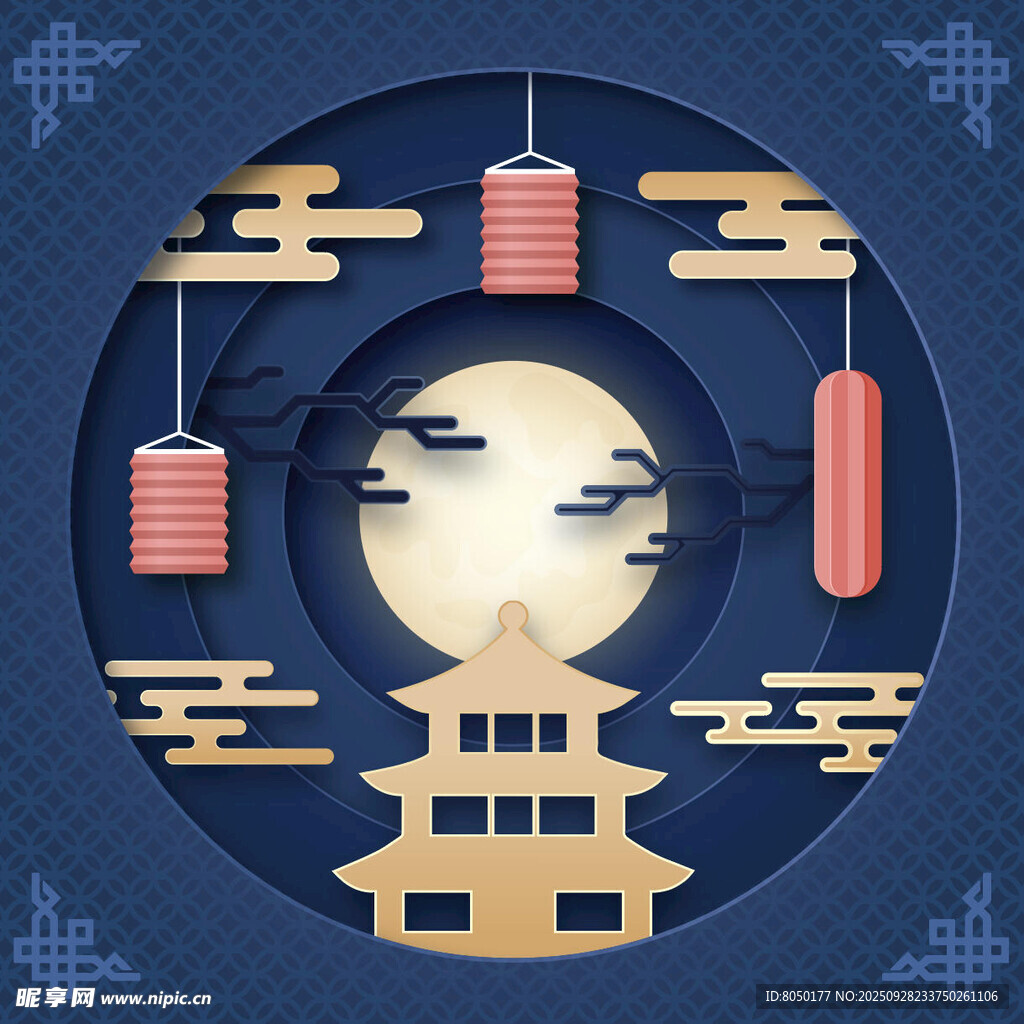 中秋月夜下的中式古建筑