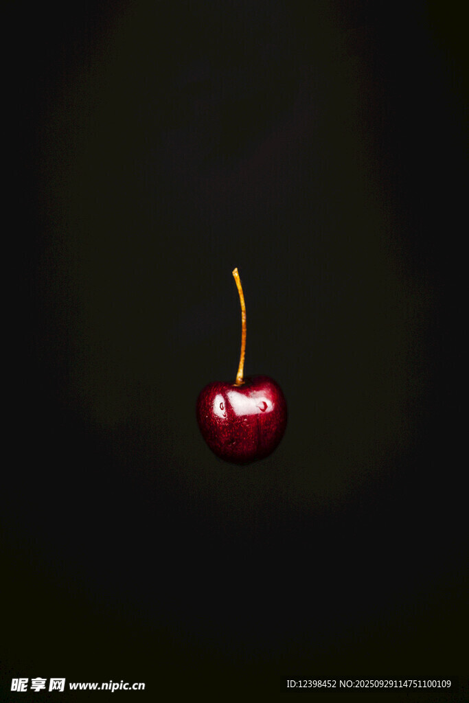 一顆鮮紅櫻桃懸于暗背景