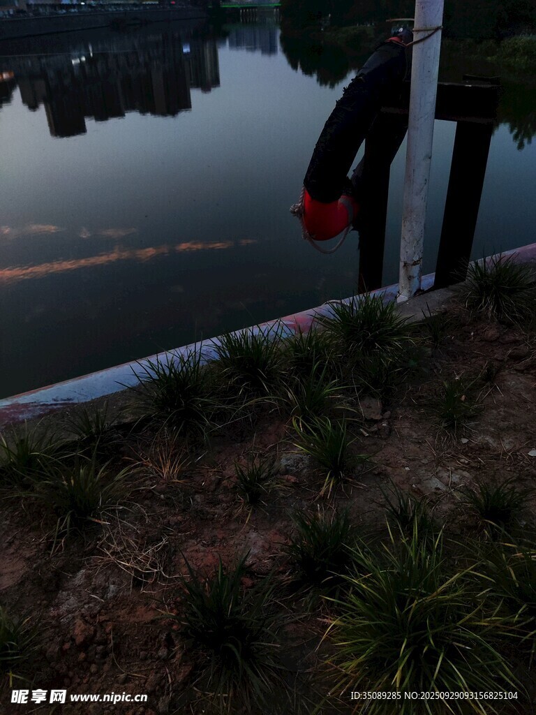 湖邊欄桿與岸邊綠植景觀