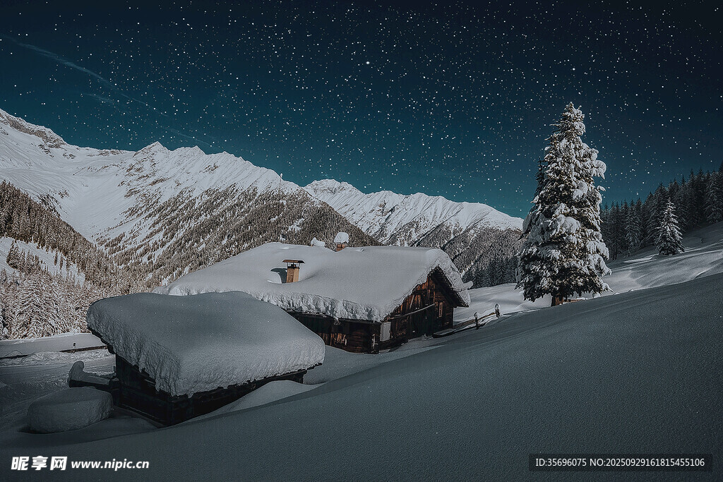 雪夜山間小屋與雪松