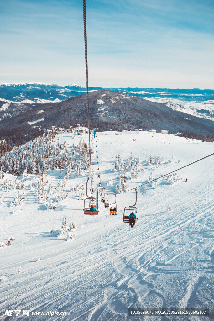 雪山上的纜車美景