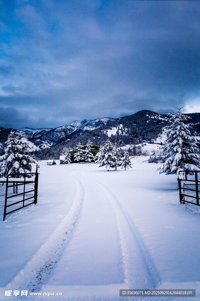 冬日雪野中的木屋風(fēng)景