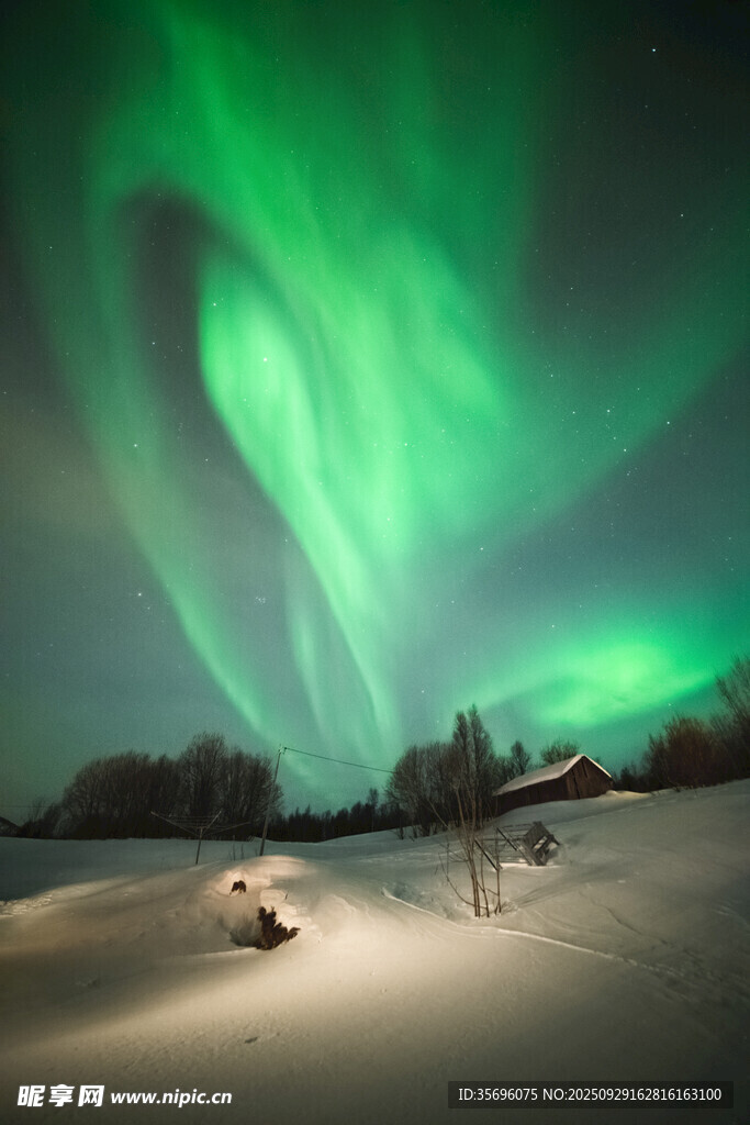 極光下的雪地靜謐景致
