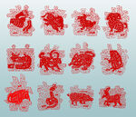 傳統(tǒng)紅色剪紙喜字十二生肖圖案