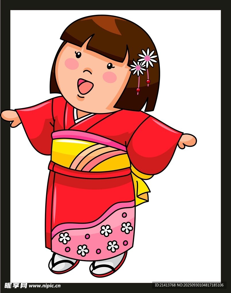 穿和服的可愛卡通小女孩