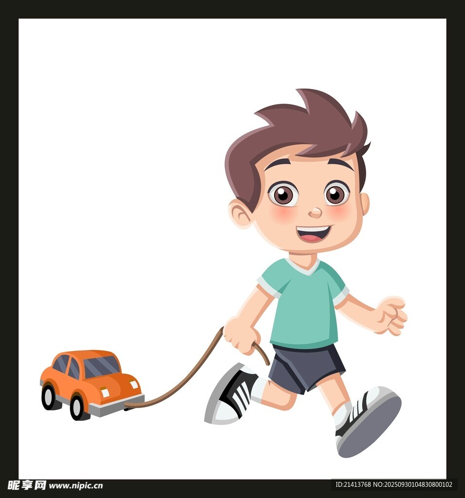 小男孩開心拉著玩具車