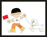 男孩牽狗舉紅旗歡樂行