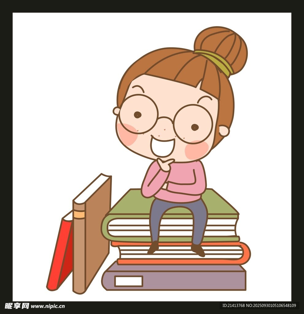 女孩愜意坐于書堆之上