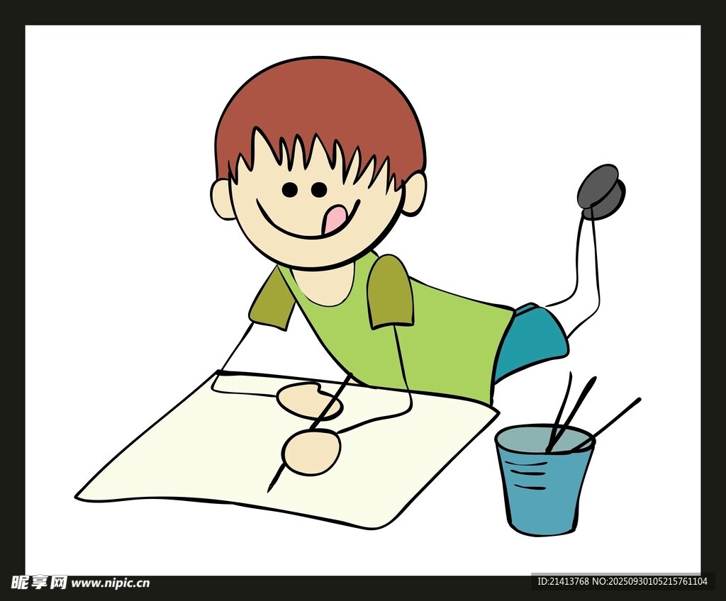 小孩趴著專注畫畫場景