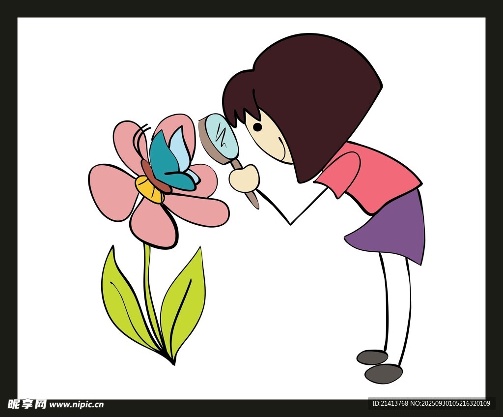 女孩觀察花朵上的蝴蝶