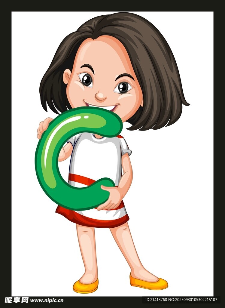 女孩手持綠色字母C玩耍