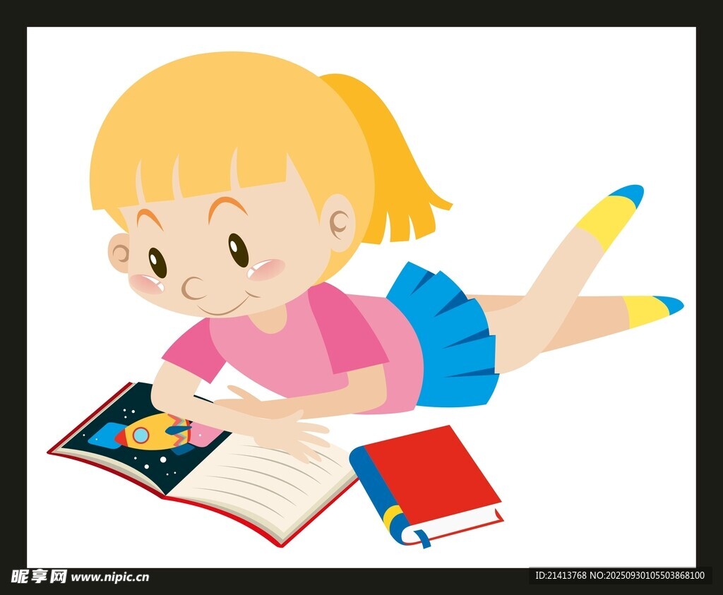 小女孩趴著專注看書