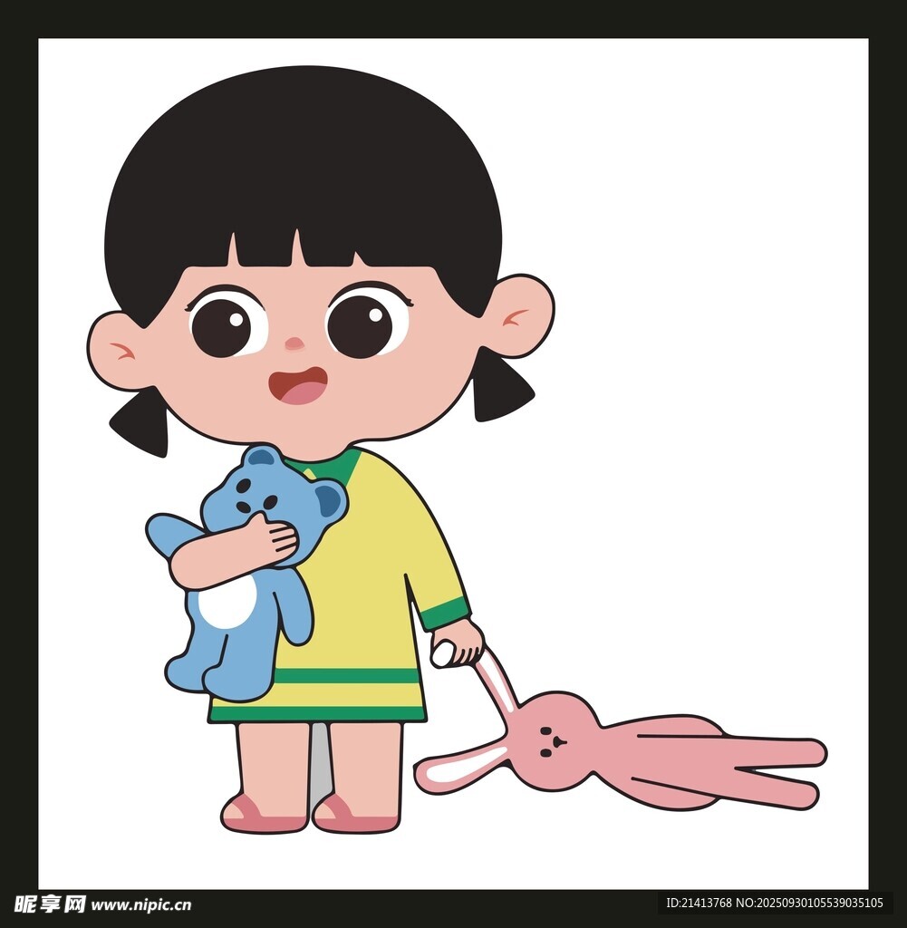 小女孩牽著玩偶快樂(lè)出行