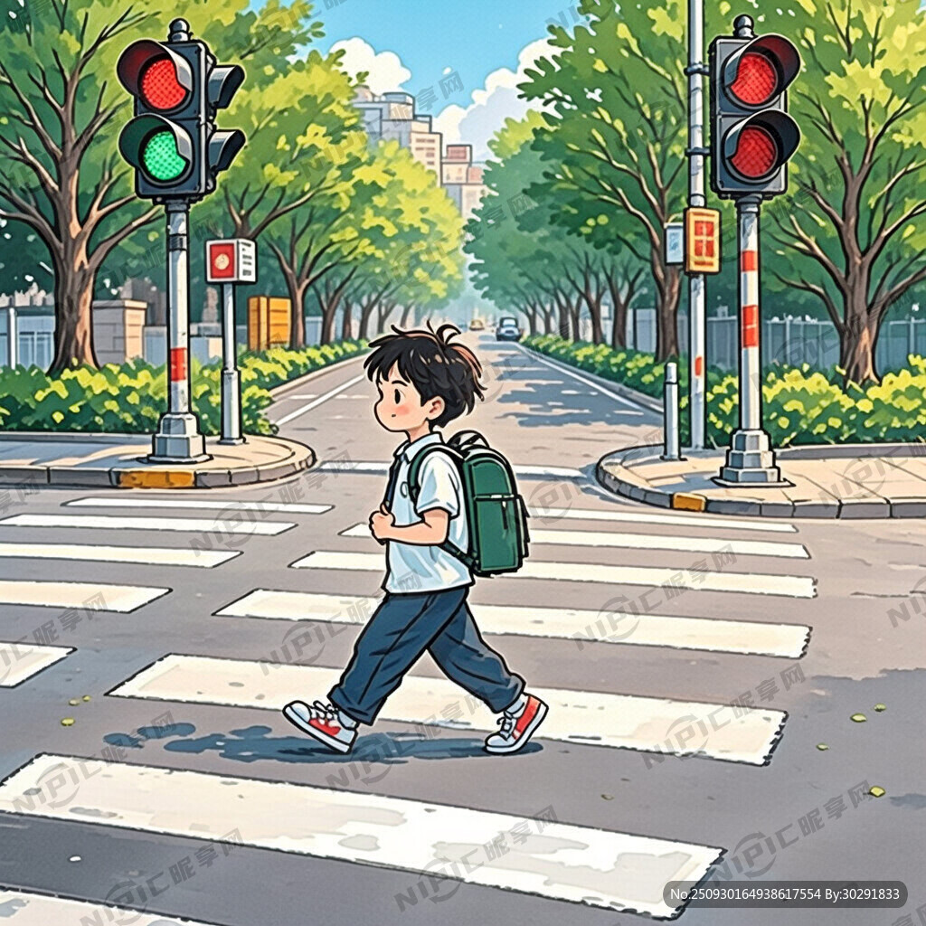 幫我生成小學生卡通過紅綠燈斑馬