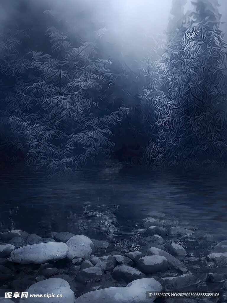 霧靄中的清冷溪邊雪景