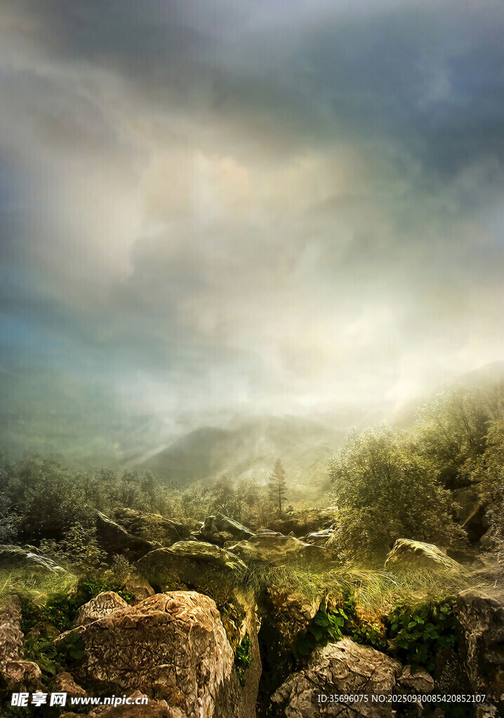 山間晨霧彌漫的自然美景