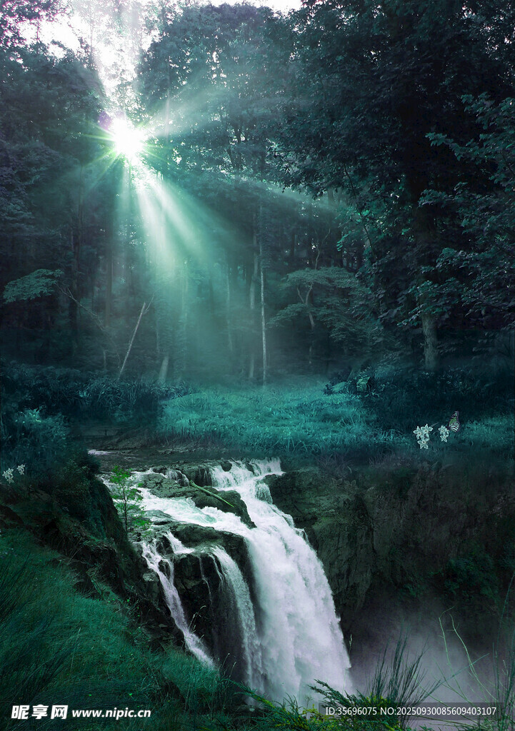 森林中的夢幻瀑布景觀