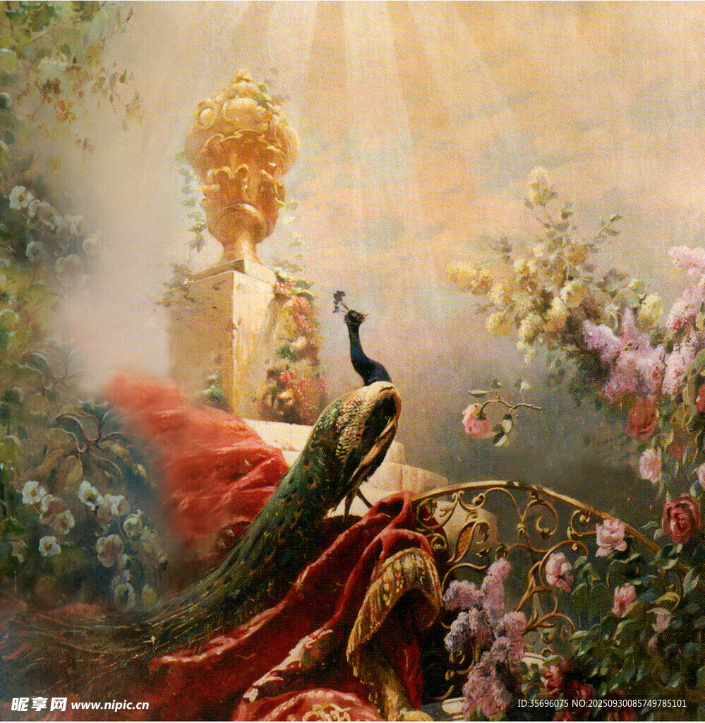 孔雀立于繁花中的夢(mèng)幻場(chǎng)景