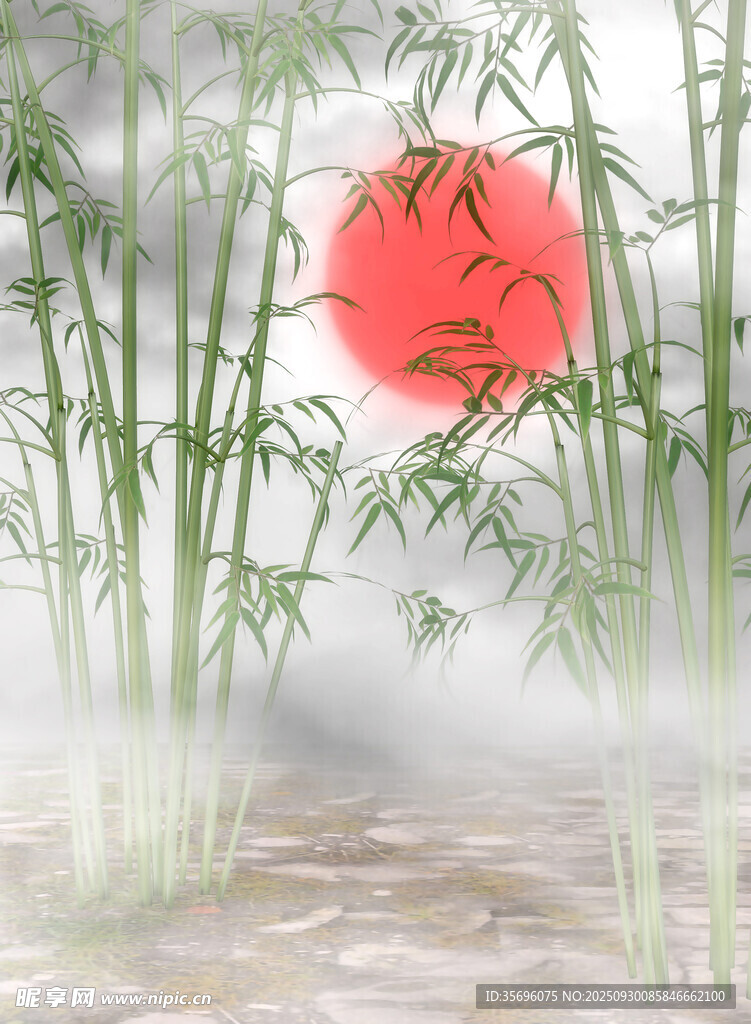 竹林紅日意境圖