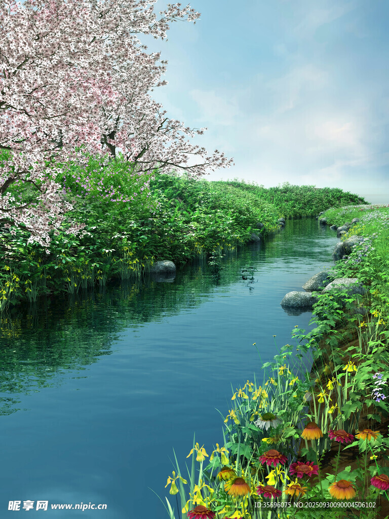 河畔繁花盛開的春日美景