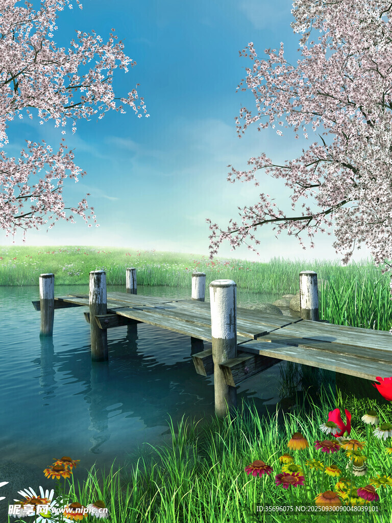 春日湖畔木橋爛漫景致