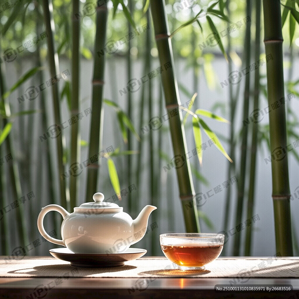 陽光下的茶具 背景是虛化的竹園
