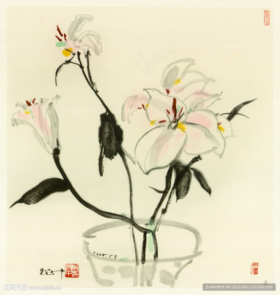 水墨瓶花圖
