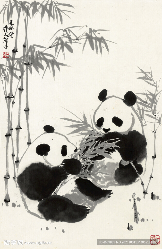 水墨熊貓伴竹圖