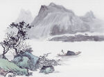 水墨山水間的孤舟野景