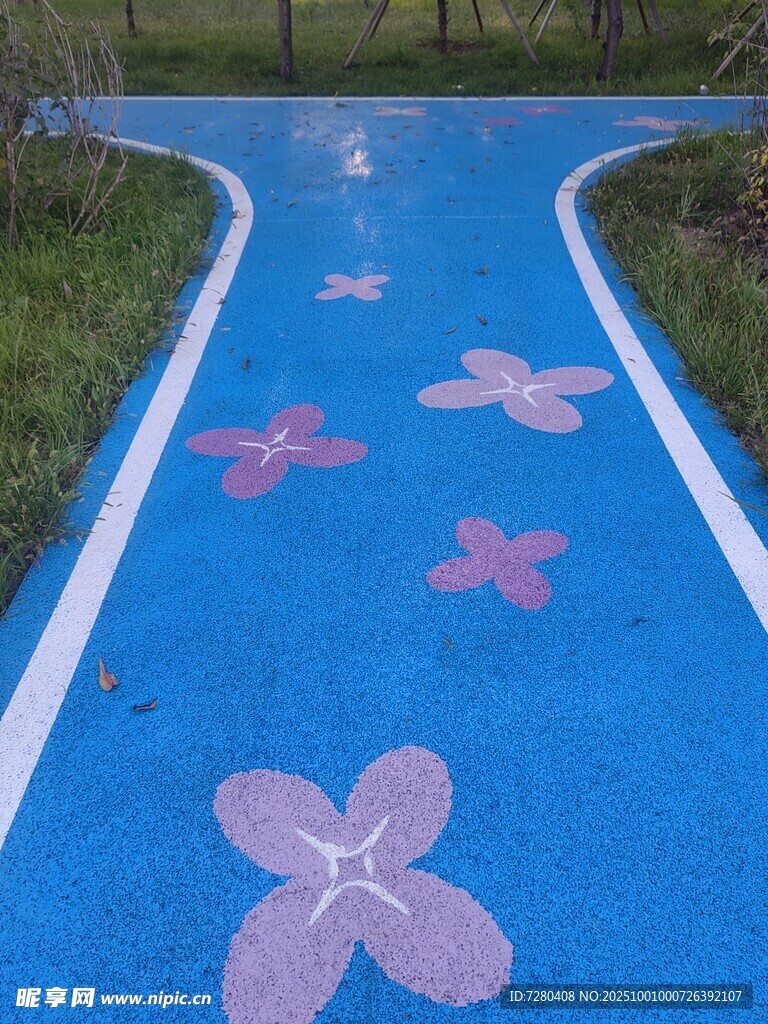 藍(lán)色步道上的粉色花朵圖案