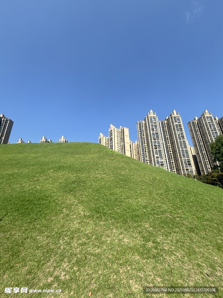 城市旁的翠綠草坪景觀